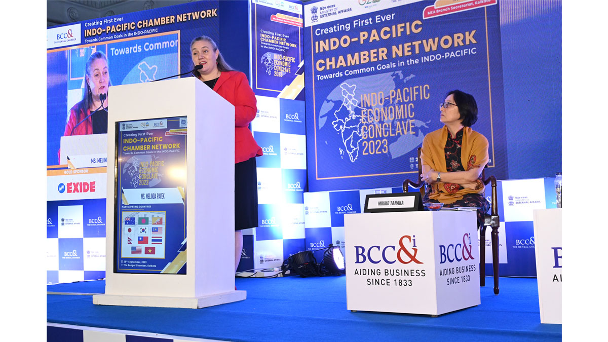 Ms. Melinda Pavek, Consul General, U.S. Consulate General, Kolkata during her address in the opening session on Day 1 of Indo-Pacific Economic Conclave, 28th September 2023.