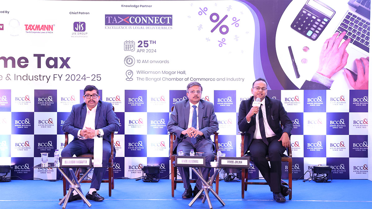 Dignitaries on the dais (L-R) Mr Rajarshi Dasgupta, Executive Director & Head of Indirect Taxes, AQUILAW, Mr. Vivek Agarwal, Advocate & National Executive Member, AIFTP, Mr. Vivek Jalan, Chairperson, National Fiscal Affairs & Taxation Committee, The Bengal Chamber of Commerce and Industry & Partner, Tax Connect Advisory Services LLP