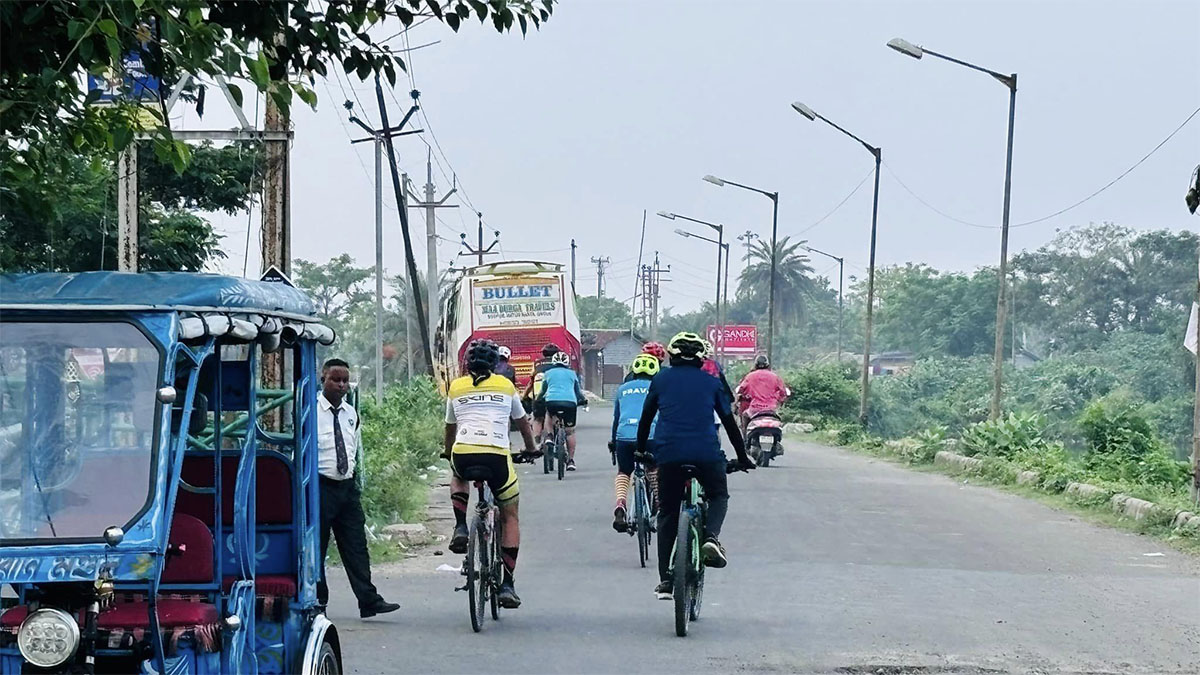  A section of riders passing through the wetlands