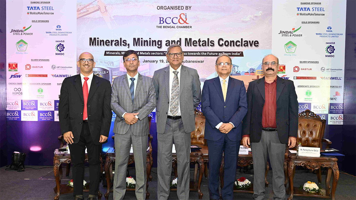 Speakers at the Opening Session - Minerals, Mining and Metals sectors: “Preparedness towards the Future as Team India” Seat on the dias (from Left) are : Mr. Thomas M. Cherian, Managing Director, Essel Mining & Industries Limited  Mr. Sandeep Kumar, Chairperson, Metals Committee and MD, TSDPL  Mr. Rana Som, Mentor, Minerals & Mining Committee, BCC&I and Former CMD, NMDC  Mr. Tuhin Kumar Mukherjee, Chairperson, Minerals and Mining Committee, BCC&I and Advisor- Mineral Resource & Mining, Aditya Birla Management Corporation Pvt. Ltd.  Mr. Pankaj Kumar Satija, Executive in-Charge, Ferro Alloys & Minerals Division, Tata Steel Ltd.
