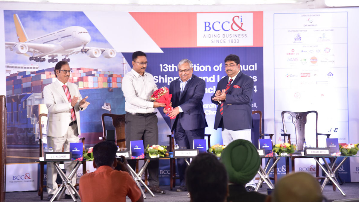 Smt. Vandana Yadav, IAS, Principal Secretary of the Department of Industry, Commerce, and Enterprises, Government of West Bengal, the Chief Guest, while Shri Rathendra Raman, IRTS, Chairman of Syama Prasad Mookerjee Port, the Guest of Honour addressed the Inaugural session of the 13th edition of the Annual Shipping and Logistics Conclave 2024, in presence of Mr. Gautam Ray, President of BCC&I; Mr. Debashis Dutta, Chairperson of the Shipping and Logistics Committee, BCC&I and Capt. S. B. Mazumder, Executive Director of Seahorse Ship Agencies Pvt. Ltd. on Friday, 15th March 2024, at the W M Hall, The Chamber premises.