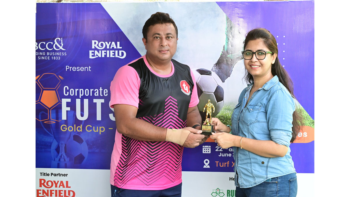 Ms. Swarnali Dhar, Deputy Director, BCC&I, handing over Man of the Match Trophy