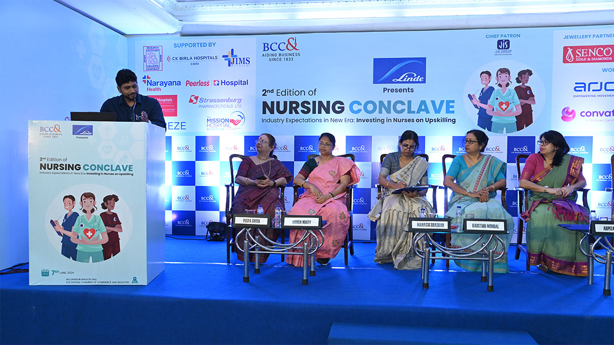 Plenary Session I (L-R) Dr. Debjyoti Dutta, Consultant Multispecialty, Fortis Hospital, Anandapur, Ms. Puspa Ghosh, Principal, Jagannath Gupta Institute of Nursing Science, Ms. Mohua Maity, Nursing Superintendent, Calcutta Heart Clinic & Hospital, Ms. Manashi Bhaskar, Chief Nursing Officer, Peerless Hospital, Dr. Kausturi Mondal, Principal, RTIICS College of Nursing, Ms. Arpita Mondal, Nursing Head, INK Hospital Kolkata 