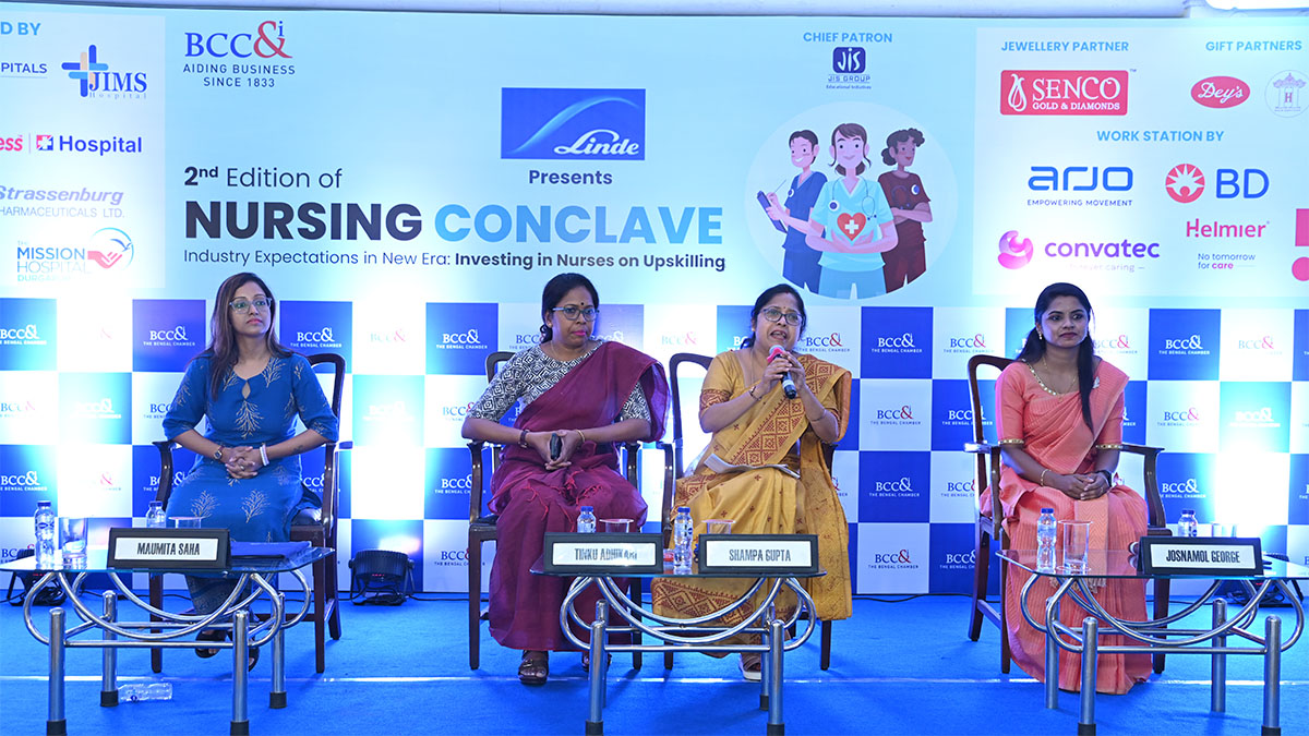 Plenary Session II (L-R) Ms. Maumita Saha, Quality Nurse, Fortis Hospital Anandapur Kolkata, Ms. Tinku Adhikari, Nursing Superintendent Quality Control, Apollo Hospital Kolkata, Ms. Shampa Gupta, Principal, Westbank College of Nursing, NH Howrah, Ms. Josnamol George, Assistant Nursing Superintendent, Nursing Quality, Education and Infection Control, Medica Group Hospitals