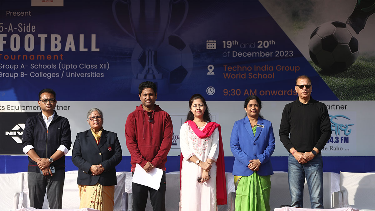 From Left to Right Mr. Nirmalya Acharya, DGM, School Operation, North Bengal, Techno India Group, Ms. Mira Bhattacharya, Director Techno India Group World School, Mr. Bikramjit Saha, Sr. Executive, BCC&I, Ms. Swarnali Dhar, Deputy Director, BCC&I, Ms. G Jayashree, Headmistress Techno India Group World School and Mr. Bhaskar Roy, Vice President Techno India Group during the inauguration ceremony