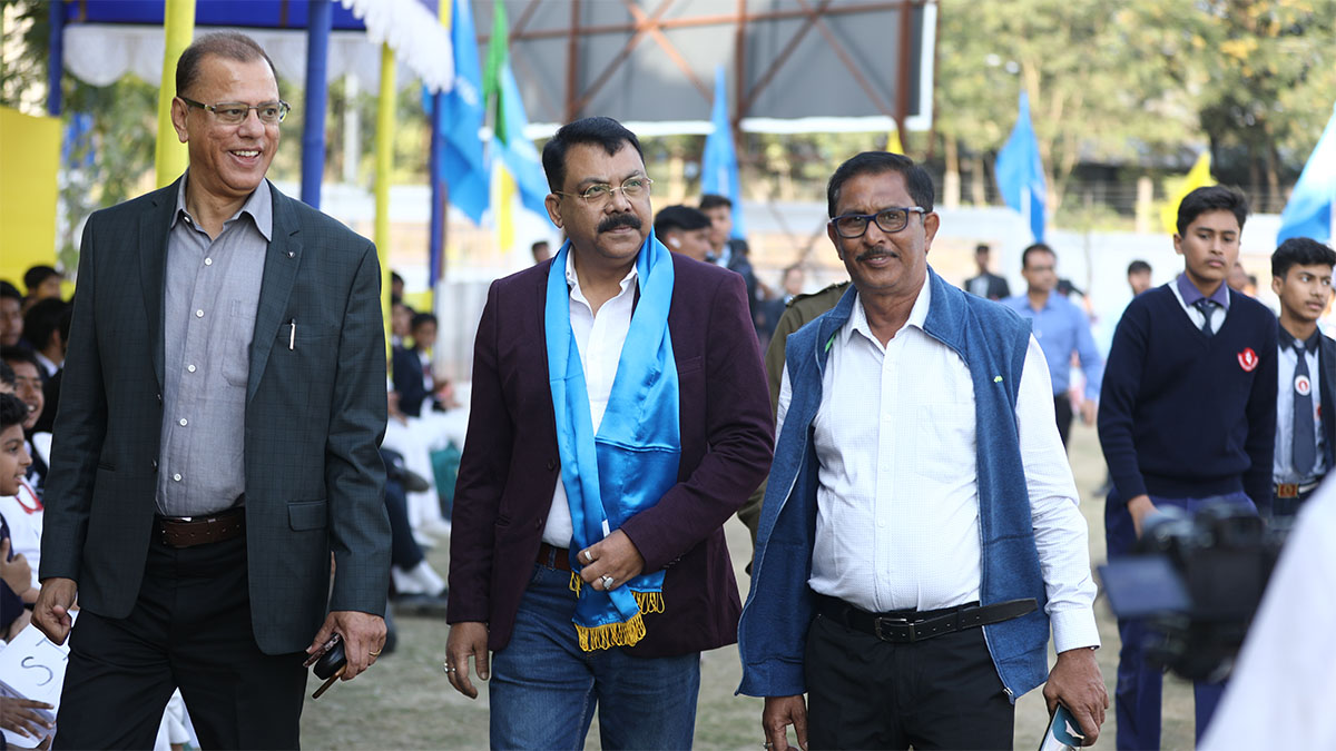 From left to right Hon'ble Deputy Mayor of Siliguri, Shri Ranjan Sarkar, Mr. Bhaskar Roy, Vice President Techno India Group and Mr. Arun Ray, Project Director during the matches 